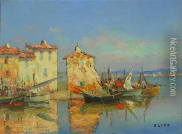 Mediterranean Moored Fishing Boats Oil Painting - Jean-Baptiste Olive