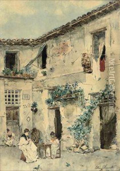 Sewing In The Courtyard Oil Painting - Ettore Simonetti