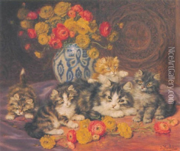 Katzenmutter Mit Ihren Jungen Oil Painting - Daniel Merlin
