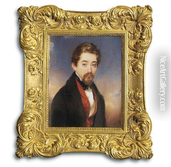 A Young Gentleman In Brown Coat, Floral Embroidered Brick-red Waistcoat, White Shirt And Black Cravat, Forward-combed Brown Hair, Beard And Moustache; Sky And Cloud Background Oil Painting - Moritz Michael Daffinger
