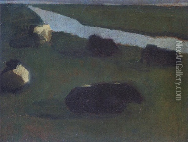 Polder Landscape With Irrigation Ditch And Five Cows Oil Painting - Piet Mondrian