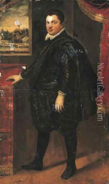 Portrait of a gentleman, full-length, standing in an interior Oil Painting - Domenico Tintoretto