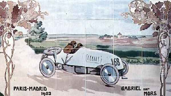 Gabriel driving a Mors car in the Paris to Madrid race of 1903 Oil Painting - Ernest Montaut