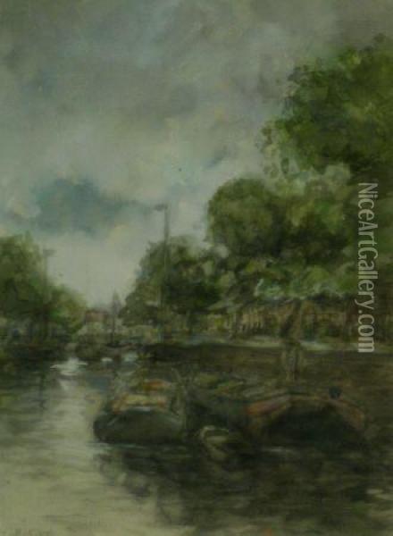 Dutch Canal Scene Oil Painting - Johann Hendrik Van Mastenbroek