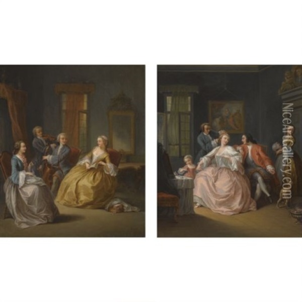 Violinist And A Cellist Playing For Two Ladies (+ Lady Having Her Hair Coiffured, Seated Beside A Child And A Man, Two Maids Beyond; Pair) Oil Painting - Pietro Longhi