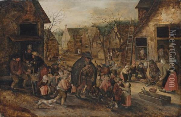 A Village Street With A Blind Hurdy-gurdy Player Surrounded Bychildren Oil Painting - David Vinckboons