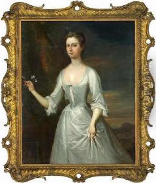 A Portrait Of A Lady, Three Quarter-length, In A White Dress, Holding A Sprig Of Flowers Oil Painting - Bartholomew Dandridge