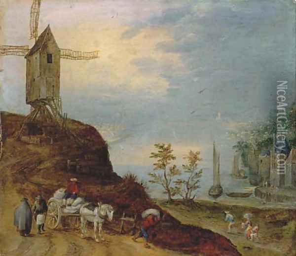An extensive river landscape with a windmill and travellers on a path Oil Painting - Jan The Elder Brueghel