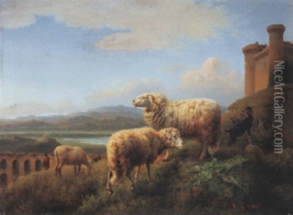 Rastende Schafherde In Italienischer Landschaft Oil Painting - Joseph Augustus Knip