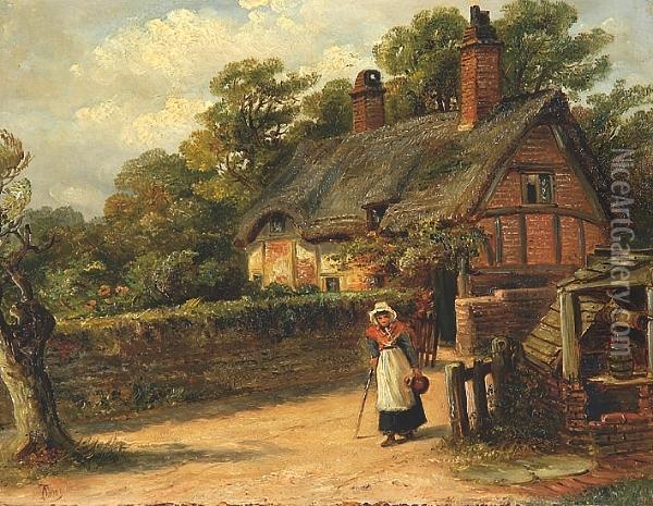 A Lady By A Well Before A Thatched Cottage Oil Painting - Thomas Smythe