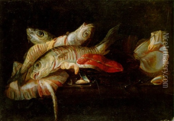 A Skate, Salmon Steak, Mussels And Other Fish On A Ledge Oil Painting - Isaac Van Duynen