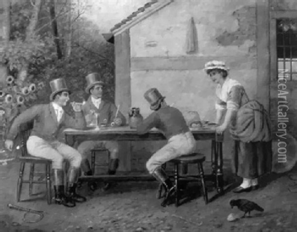 Hunters Seated Before A Tavern Oil Painting - Henry Stacy Marks