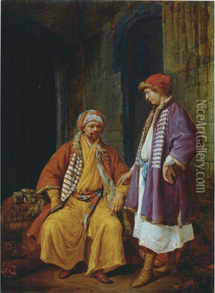 Two Turkish Merchants Conversing Oil Painting - Jacob Van Toorenvliet