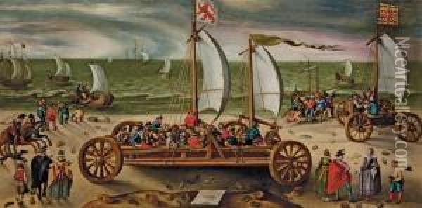 Course De Chars A Voile En Presence Du Prince Maurice Oil Painting - Esaias Van De Velde