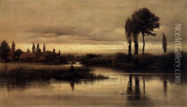 A Tranquil River Scene With Figures Fishing From A Rowboat In The Foreground Oil Painting - Edward Henry Fahey