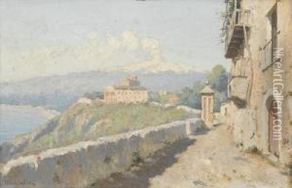 Ansicht Des Klosters San Domenico Bei Taormina Mit Aetna Oil Painting - Mario Mirabella