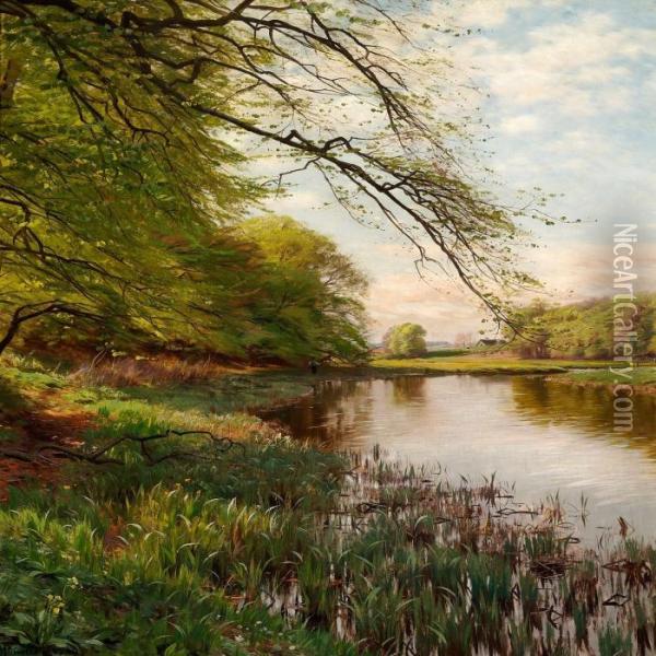 Woodland Scene With An Angler At A Stream Oil Painting - Peder Mork Monsted