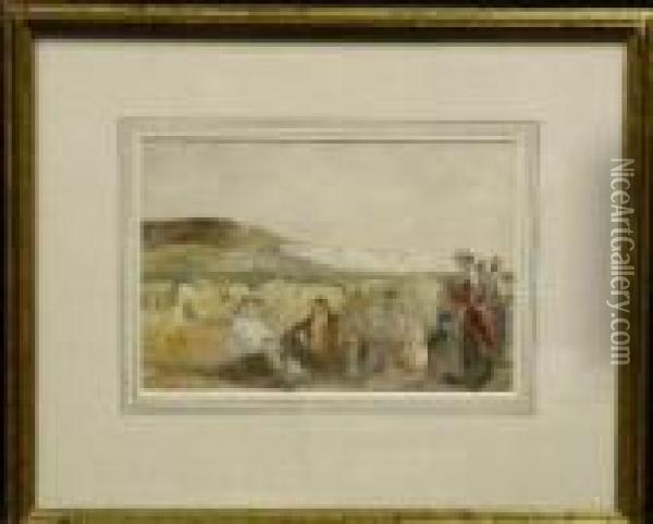 Landscape With Harvesters 
Resting [recto] And A Man Seated, Asleep[verso]: A Double Sided Work Oil Painting - John Absolon