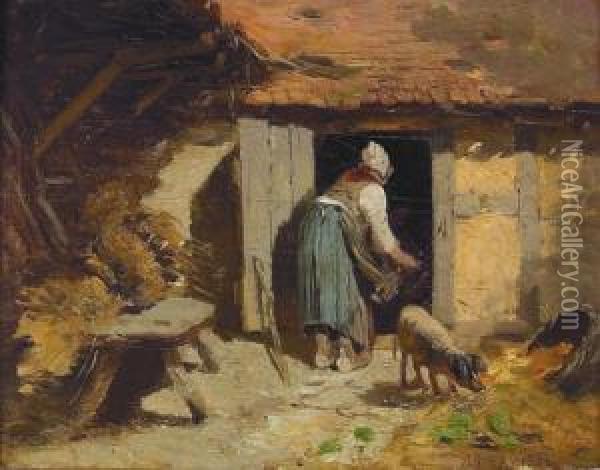 Bauerin Bei Der Schweinefutterung Oil Painting - Louis Adolphe Hervier