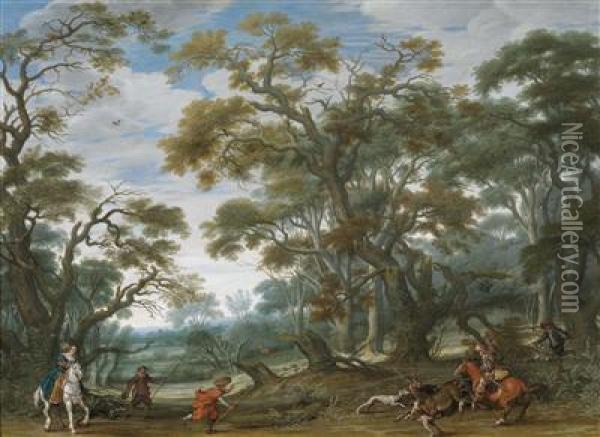 An Elegant Party Hunting Stag Oil Painting - Esaias Van De Velde