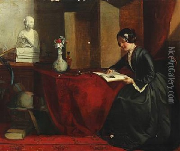 Interior With A Woman Reading Oil Painting - John Phillip