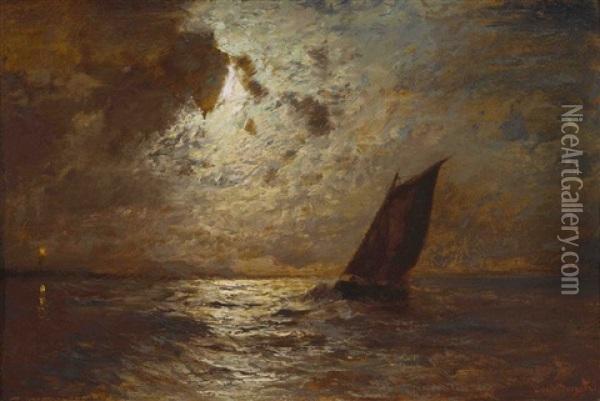 Segelboot Im Mondschein Oil Painting - Louis Douzette