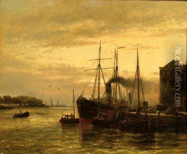 Ships In An Inner Harbour At Sunset Oil Painting - Cornelis Christiaan Dommersen