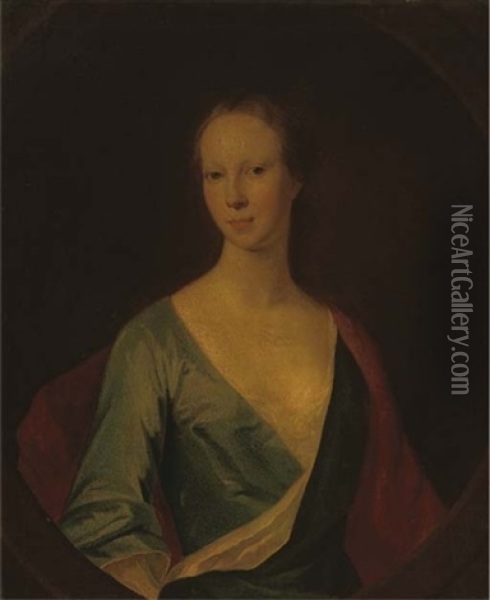 Portrait Of A Lady (lady Tinwald?) In A Blue Dress And Red Wrap Oil Painting - William Aikman
