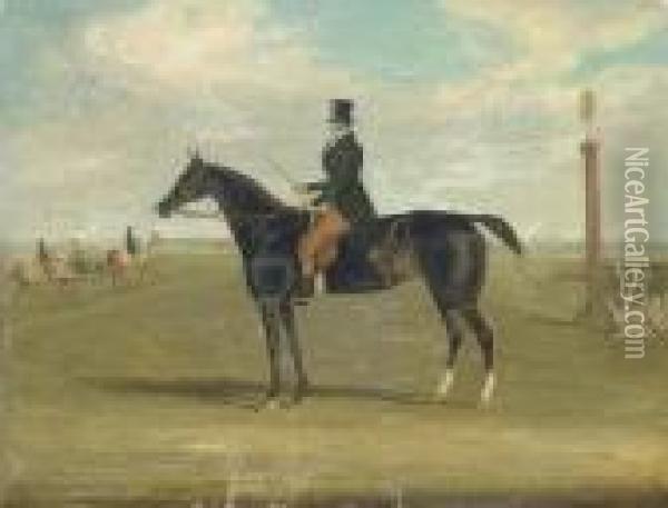 A Black Racehorse With A Trainer Up, With Horses Being Exercisedbeyond Oil Painting - James Pollard