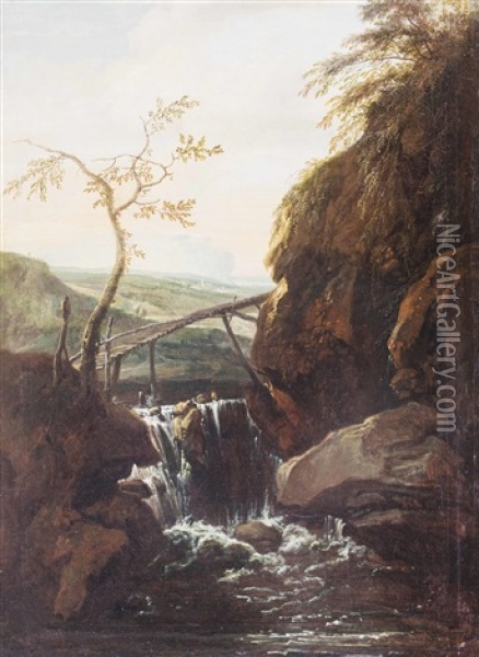 Heroische Felsenlandschaft Mit Wasserfall Und Ausblick Oil Painting - Anton Faistenberger
