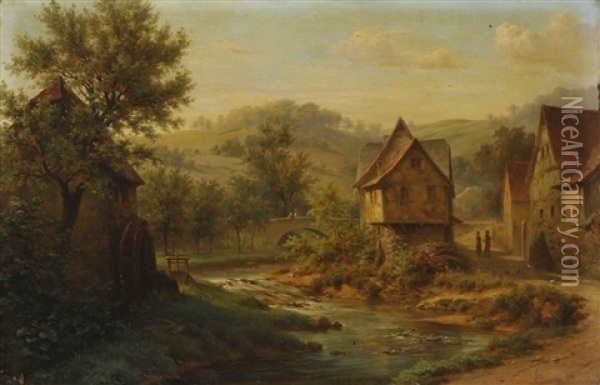 Partie In Einem Dorf An Einem Kleinen Fluss Oil Painting - Johann Adolf Hoeffler