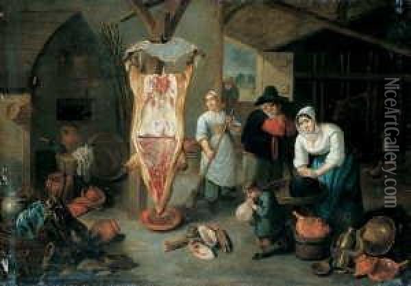 Das Geschlachtete Schwein. Oil Painting - Matheus van Helmont