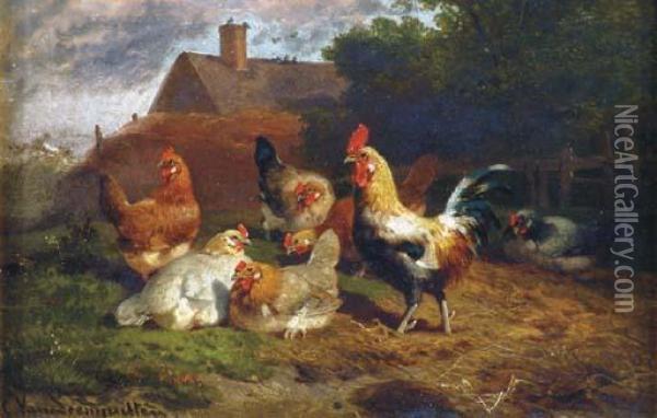 A Rooster And Hens In A Barnyard Oil Painting - Cornelis van Leemputten