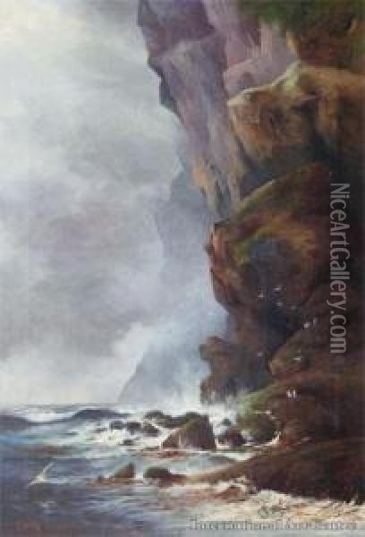 Mercury Island Cliffs Oil Painting - Henry William Kirkwood