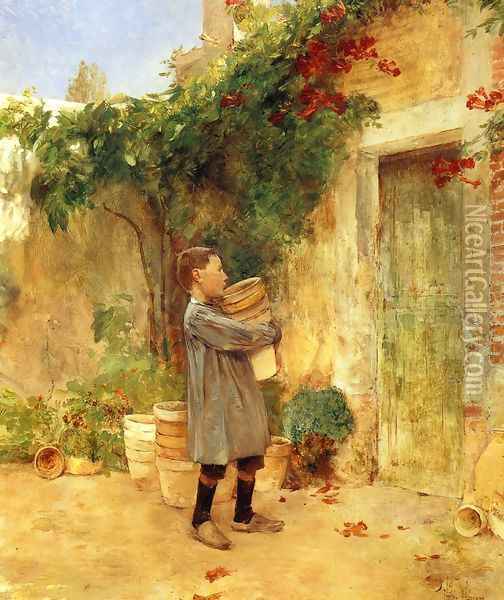 Boy with Flower Pots Oil Painting - Frederick Childe Hassam