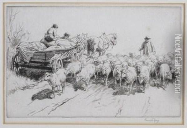 Herding Sheep On A Lane Oil Painting - George Soper