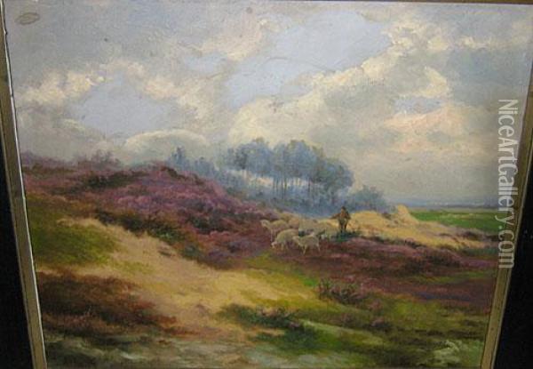 Herder En Schapen In Een Landschap. Oil Painting - Jef Louis Van Leemputten