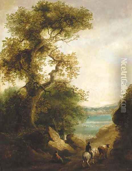 A drover on a wooded path with a lake beyond, a figure resting in the foreground Oil Painting - Thomas Barker of Bath