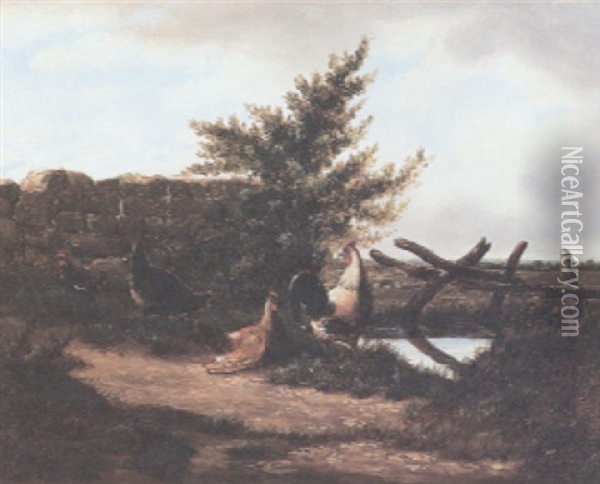 Chickens And A Rooster By A Pond Oil Painting - Cornelis van Leemputten