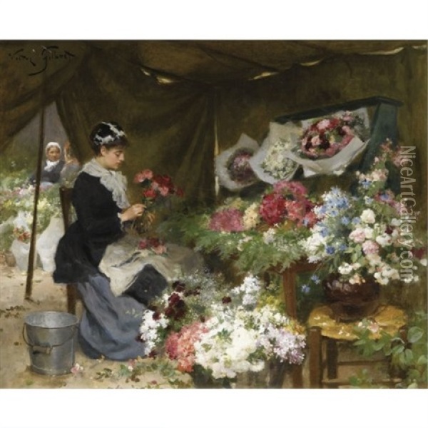A Flower Seller Making Her Bouquets Oil Painting - Victor Gabriel Gilbert