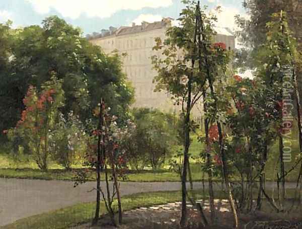 A colonnade on the edge of a park with roses in bloom Oil Painting - Carl Frederick Aagaard