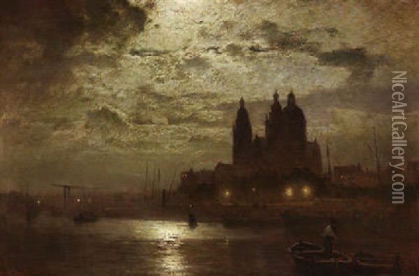 Ansicht Von Den Haag Im Mondschein Oil Painting - Louis Douzette
