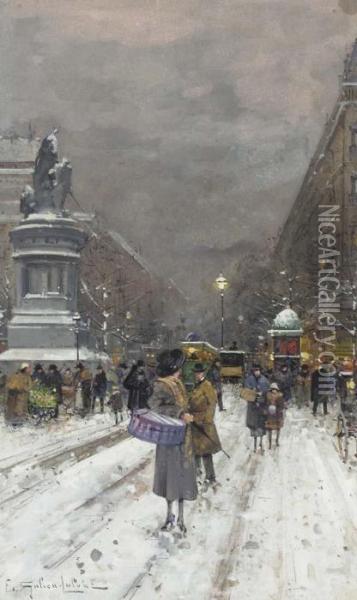 Paris In The Snow Oil Painting - Eugene Galien-Laloue