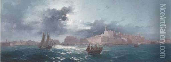 Crowded Small Craft Running Out Of Grand Harbour, Valetta, Bymoonlight Oil Painting - Luigi Maria Galea