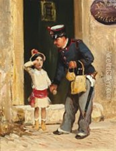 A Crying Girl Being Helped By A Roman Police Officer Oil Painting - Vilhelm Rosenstand