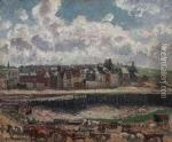 Chevaux Et Charrettes Devant La Darse De Peche, Dieppe, Mareebasse Oil Painting - Camille Pissarro