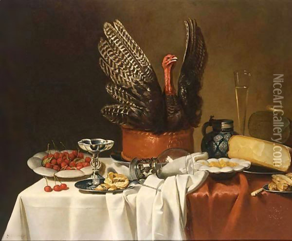 A Still Life With A Turkey Pie, Cherries On A Plate, A Silver Tazza, Bread On Pewter Plates Oil Painting - G. Vervoorn