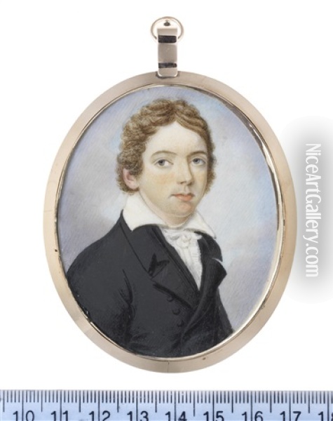 A Portrait Of A Young Gentleman, Generally Accepted As John Keats, Wearing Black Double-breasted Coat And Waistcoat, White Frilled Chemise, Stock And Tie Oil Painting - Charles Hayter