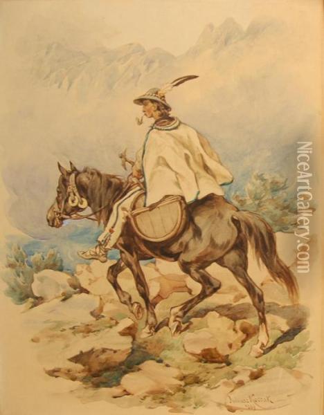 Man Riding On Horseback Through The Mountains Oil Painting - Juliusz Kossak