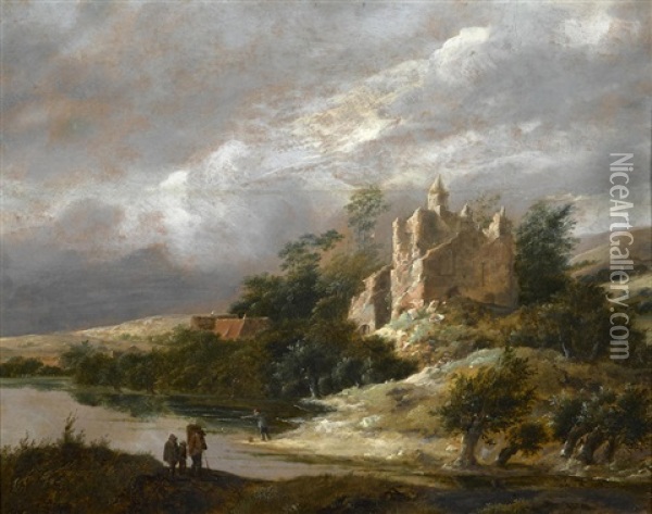 Figures Walking By A River With A Ruined Castle Beyond Oil Painting - Jacob Van Ruisdael